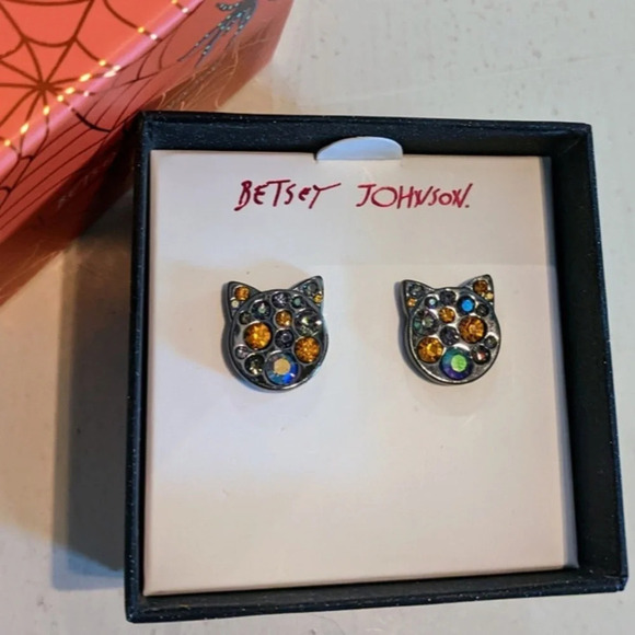 BETSEY JOHNSON SET Halloween Cat Head Crystals in Gunmetal Earrings Necklace NWT - Picture 12 of 13